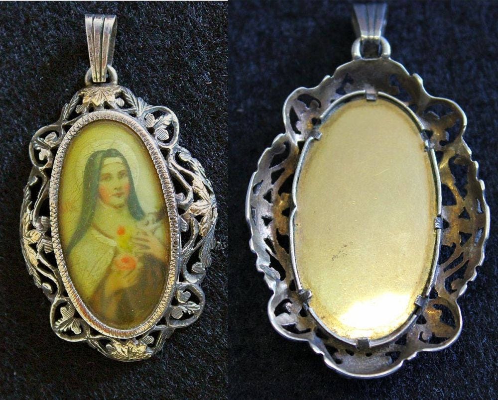 XIXth Century St. Therese Medal Pendant: Hand Painted Miniature, Sterling Chain