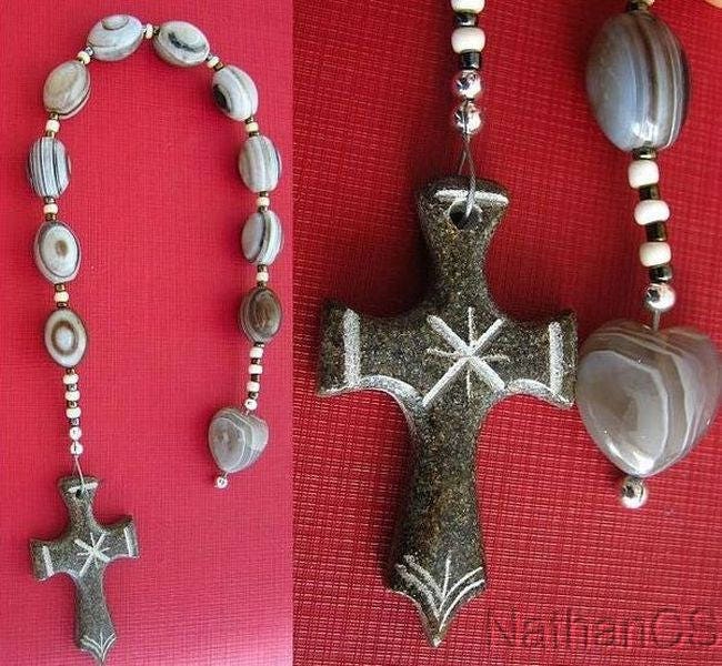 Catholic Open Chaplet Botswana Agate & Serpentine Hand Made Cross