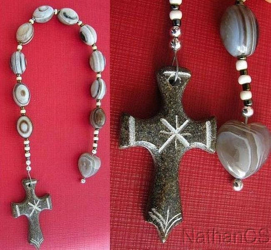 Catholic Open Chaplet Botswana Agate & Serpentine Hand Made Cross