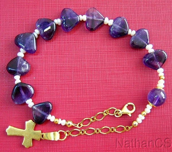 Catholic Rosary Bracelet Amethyst Heart Beads, Pearls & Vermeil