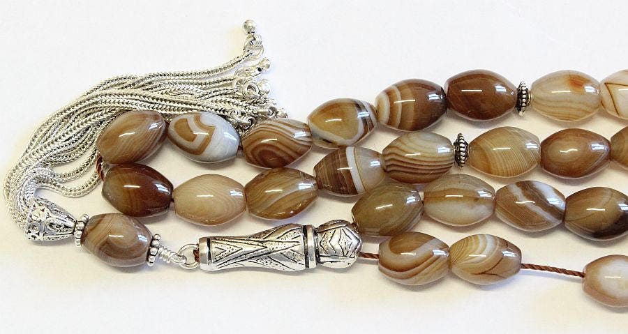 Luxury Prayer Beads Tesbih AA Botswana Agate & Sterling Silver - Top Quality - Collector's