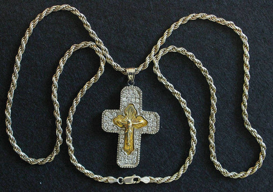 Early 20th Cent. Russian Vermeil Pectoral Cross in Sterling and Zircon Frame with Sterling Chain, a Unique Jewel.