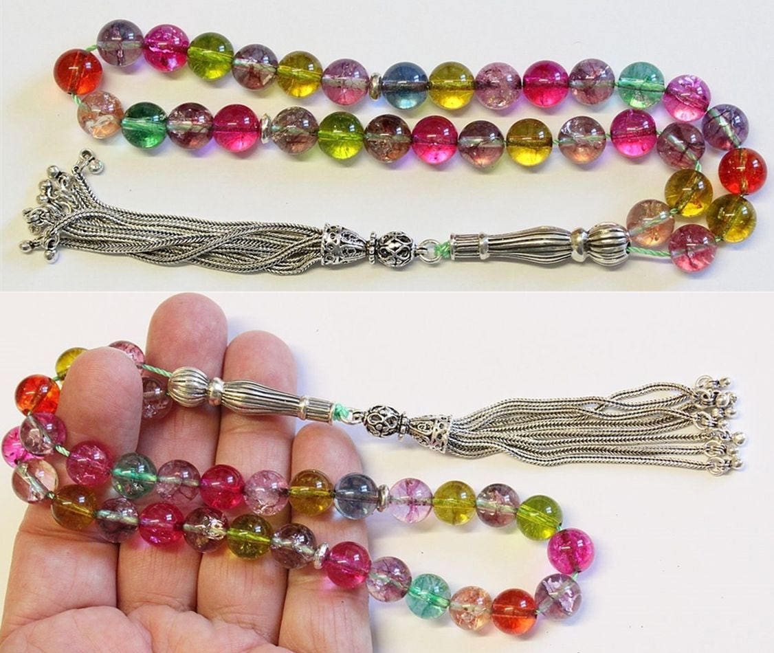Luxury Prayer Beads Tesbih AA Grade Multicolor Tourmaline & Sterling Silver -Top quality - Collector's