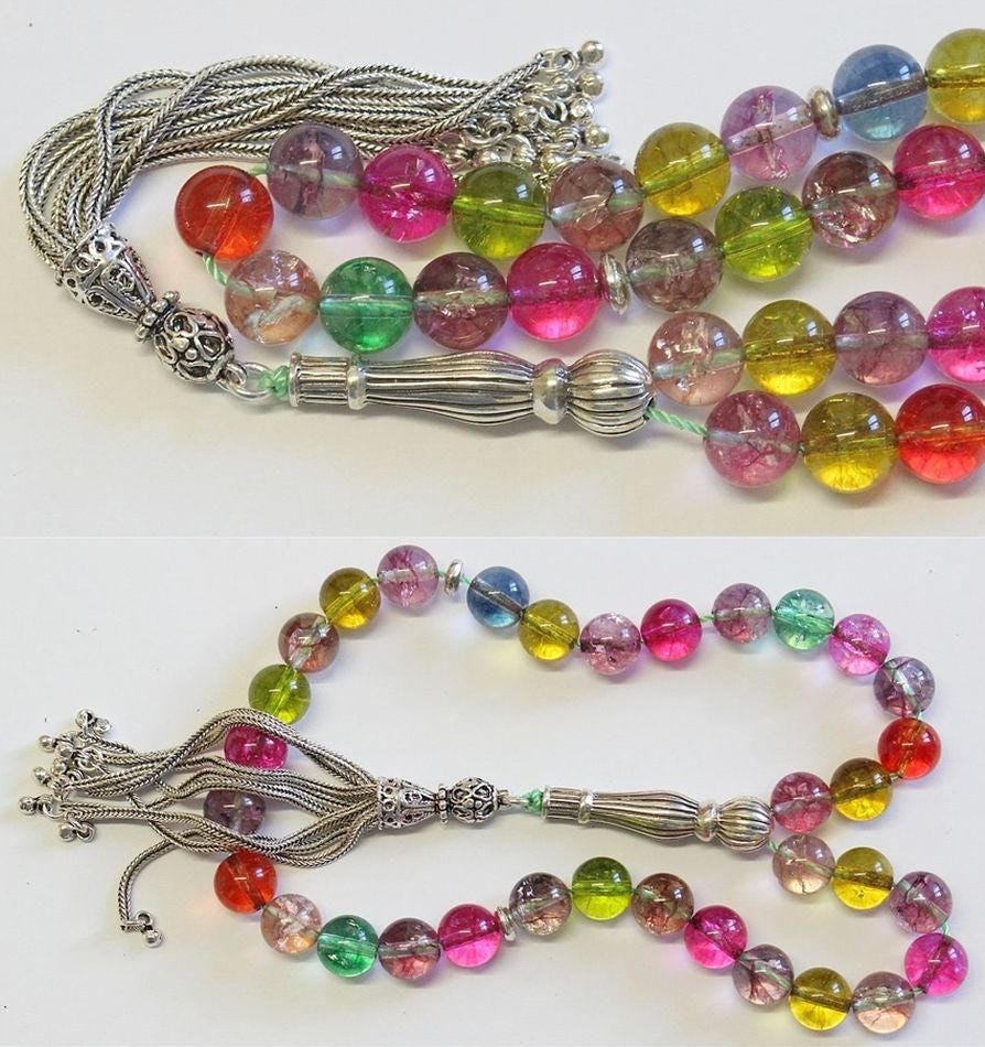 Luxury Prayer Beads Tesbih AA Grade Multicolor Tourmaline & Sterling Silver -Top quality - Collector's
