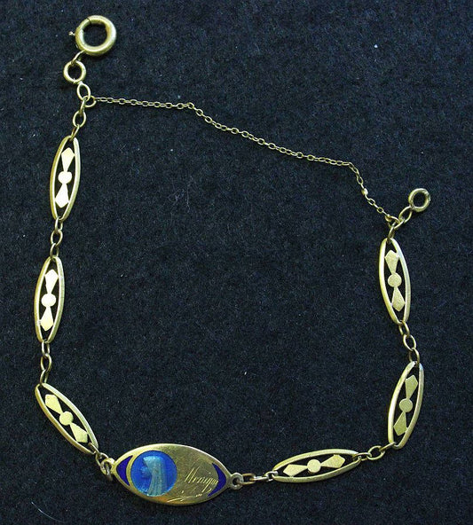 1930’s Communion 18 K Solid Gold Bracelet with Blue Enamel Medal - Unique & Charming