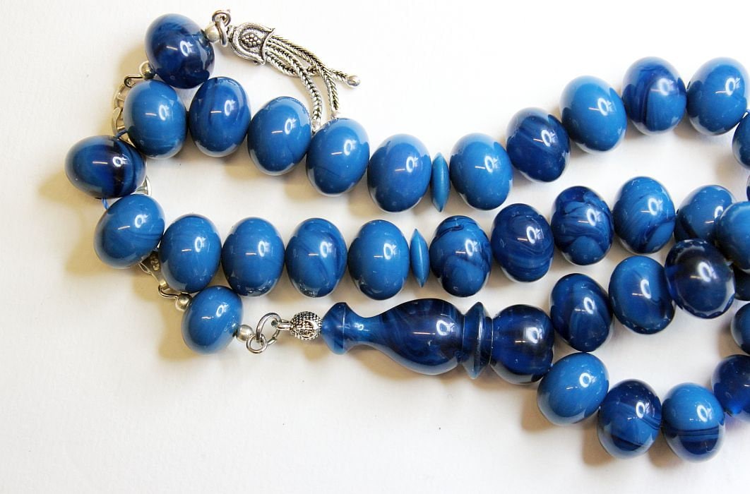 Prayer Beads Tesbih Marbled Blue Black Modern Catalin & Sterling Silver
