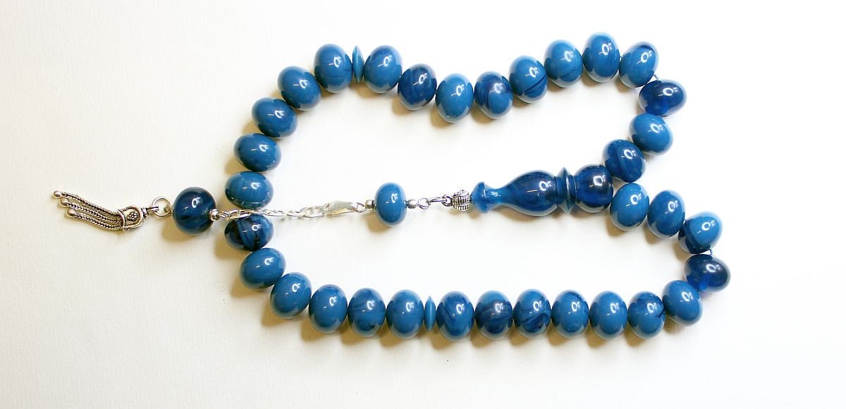 Prayer Beads Tesbih Marbled Blue Black Modern Catalin & Sterling Silver