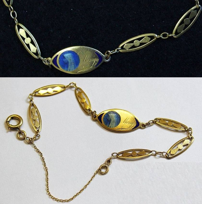 1930’s Communion 18 K Solid Gold Bracelet with Blue Enamel Medal - Unique & Charming