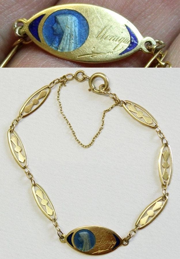 1930’s Communion 18 K Solid Gold Bracelet with Blue Enamel Medal - Unique & Charming