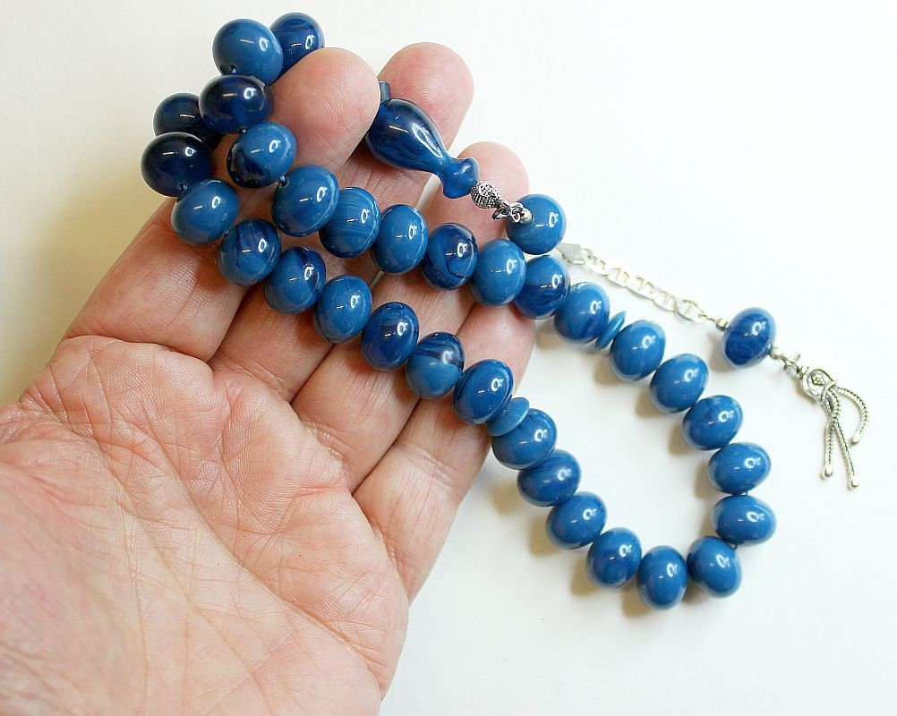 Prayer Beads Tesbih Marbled Blue Black Modern Catalin & Sterling Silver
