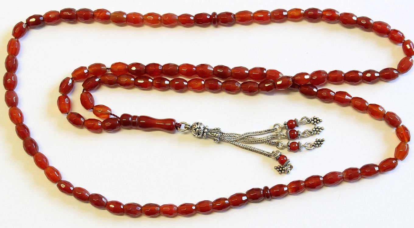 Islamic Prayer Beads Tesbih Gebetskette 99 Beads Faceted Carnelian & Sterling Silver