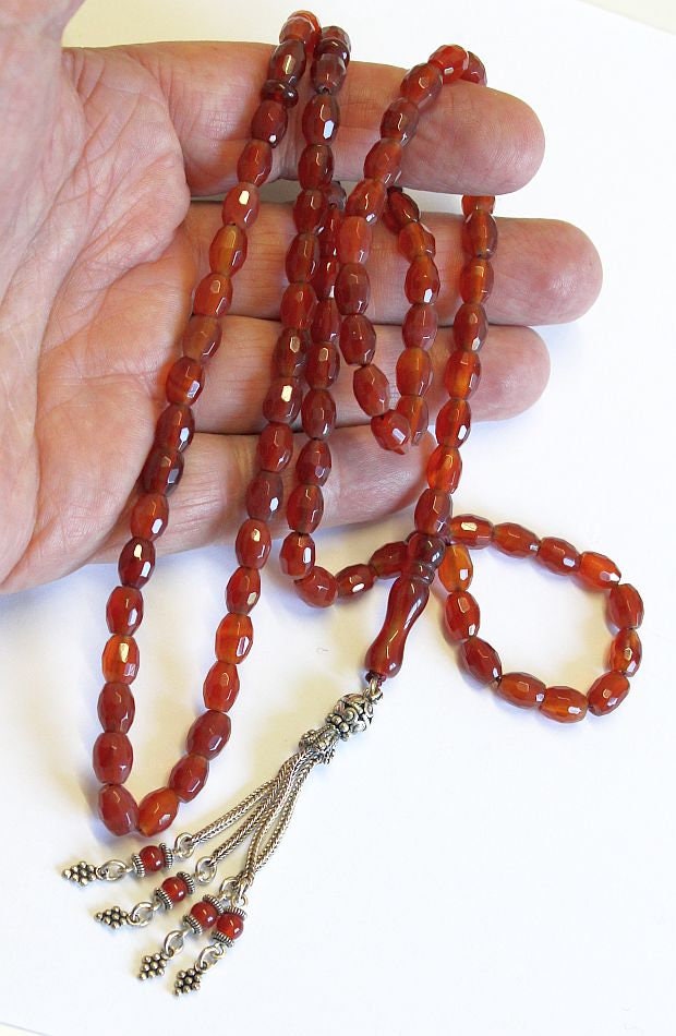 Islamic Prayer Beads Tesbih Gebetskette 99 Beads Faceted Carnelian & Sterling Silver