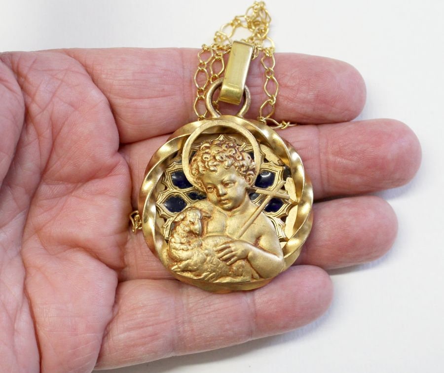 Vintage Gold Plated Plique-à-Jour V. Large Agnus Dei Pendant Signed Augis w Chain