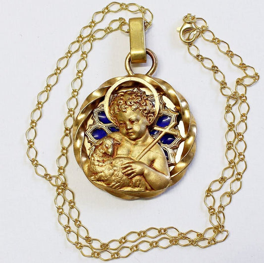 Vintage Gold Plated Plique-à-Jour V. Large Agnus Dei Pendant Signed Augis w Chain