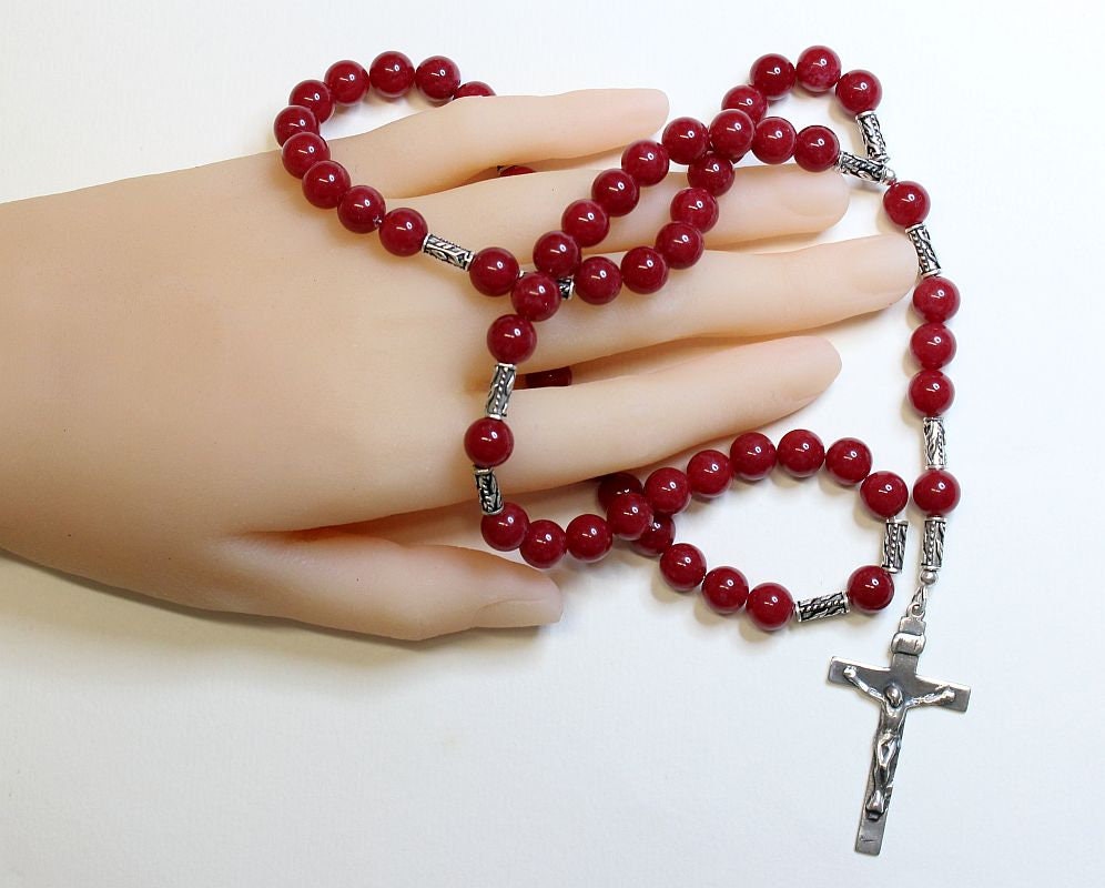 Catholic Rosary Prayer Beads Red Jade & Sterling