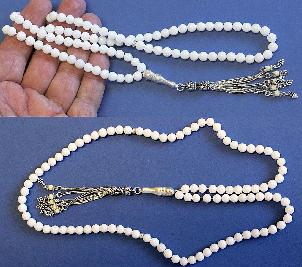 Islamic Prayer Beads Tesbih Gebetskette 99 White Coral & Sterling Silver
