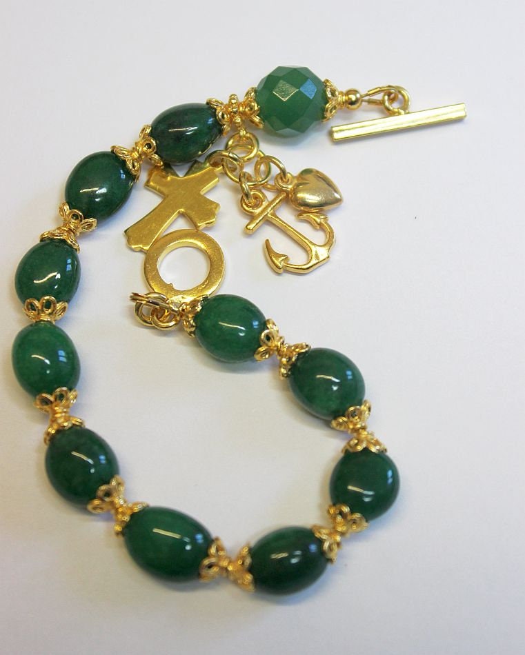 Catholic Rosary Bracelet Oval Genuine Emerald Beads, Vermeil Cross, Heart & Anchor