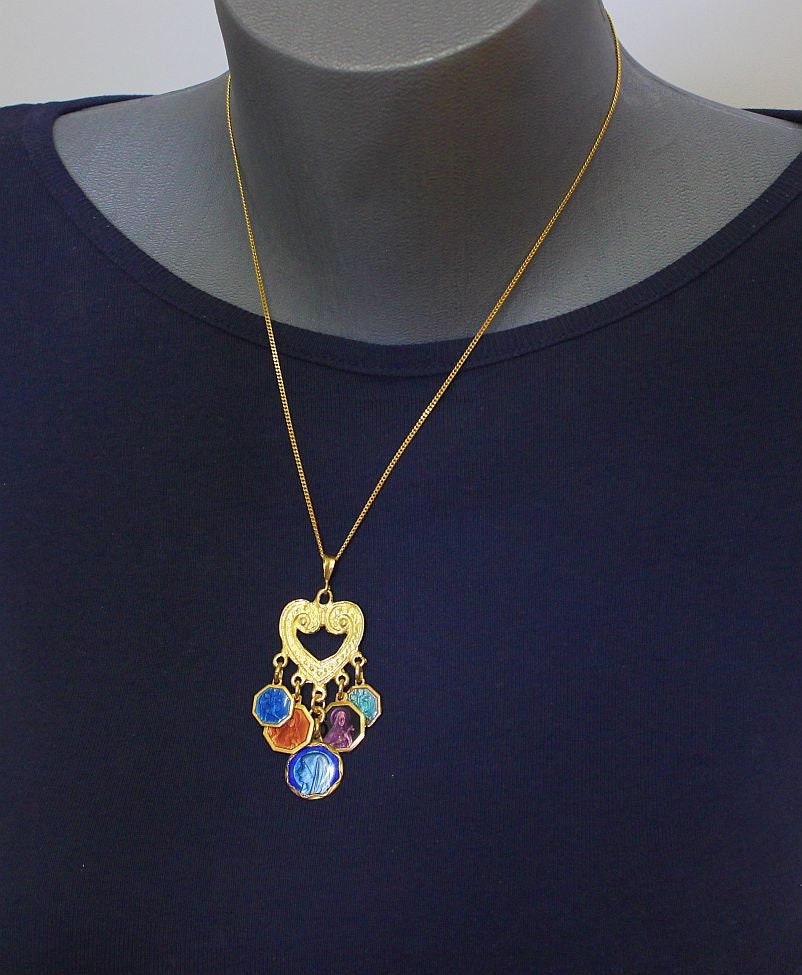 Vermeil Heart Pendant with 5 Vintage Rare Religious Medals Enameled on Both Sides