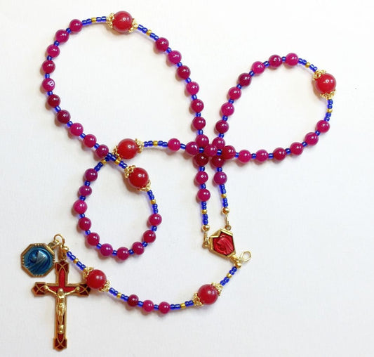 Catholic Rosary Genuine Round Ruby - Lourdes Vintage Cross, Center & Vintage Medal