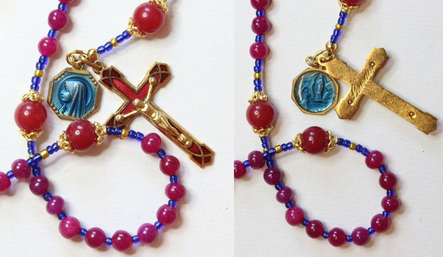 Catholic Rosary Genuine Round Ruby - Lourdes Vintage Cross, Center & Vintage Medal