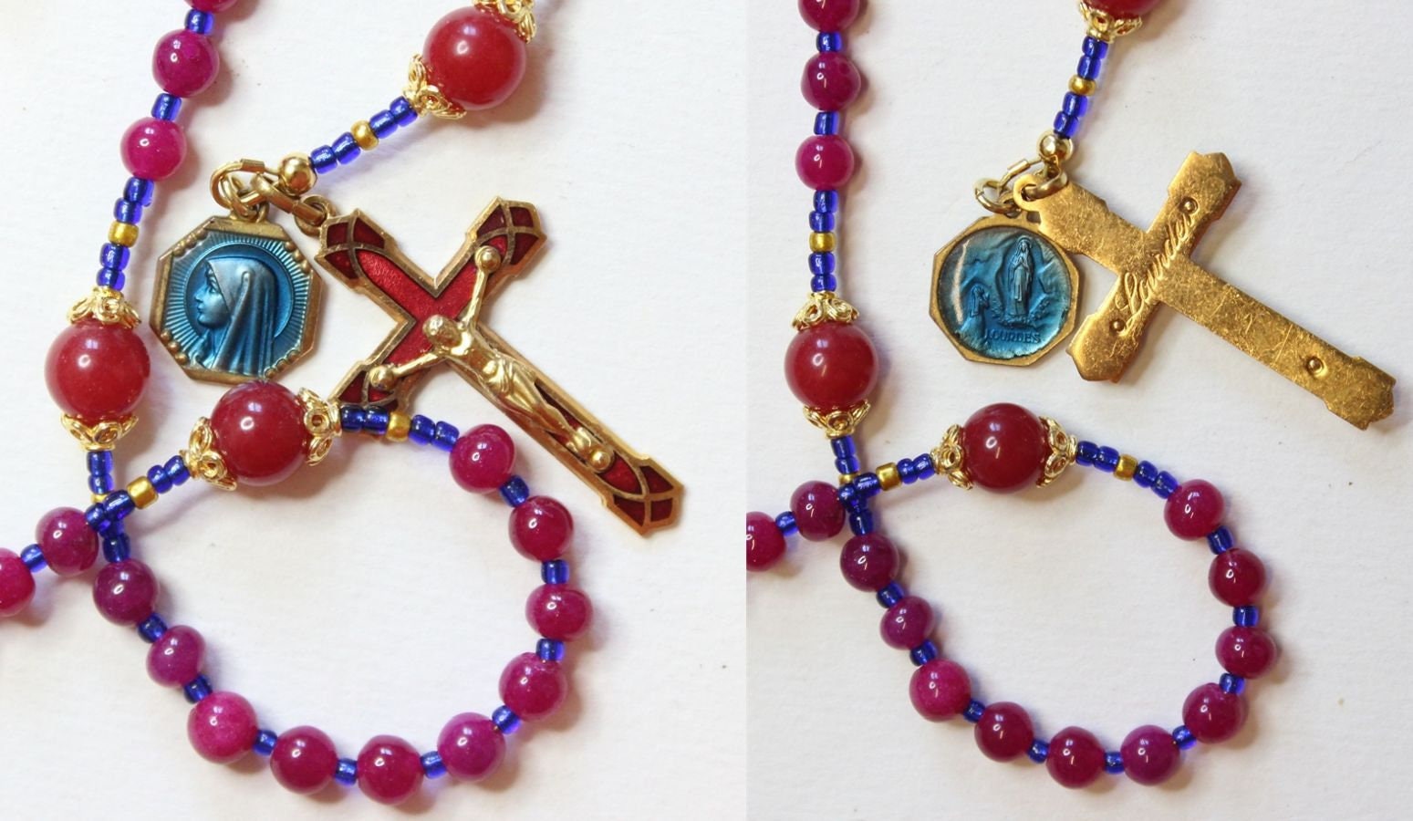 Catholic Rosary Genuine Round Ruby - Lourdes Vintage Cross, Center & Vintage Medal