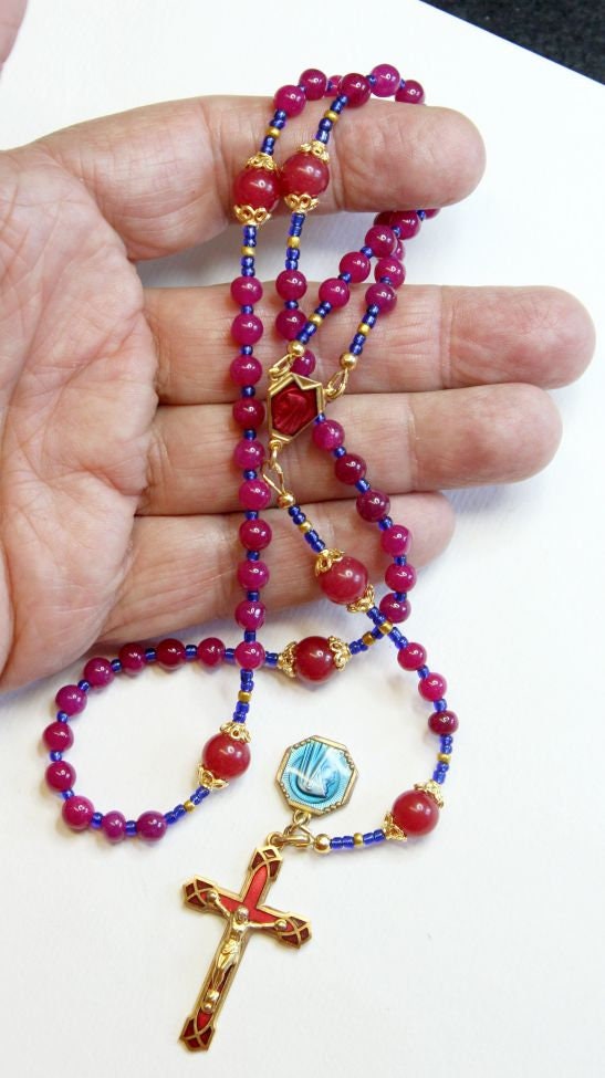 Catholic Rosary Genuine Round Ruby - Lourdes Vintage Cross, Center & Vintage Medal