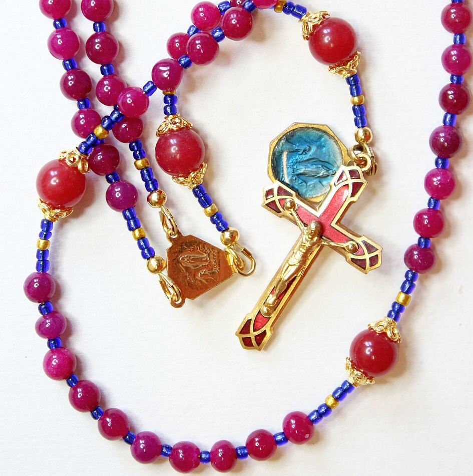 Catholic Rosary Genuine Round Ruby - Lourdes Vintage Cross, Center & Vintage Medal