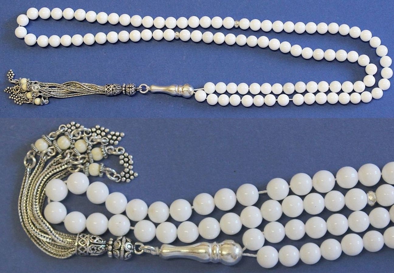 Islamic Prayer Beads Tesbih Gebetskette 99 White Coral & Sterling Silver
