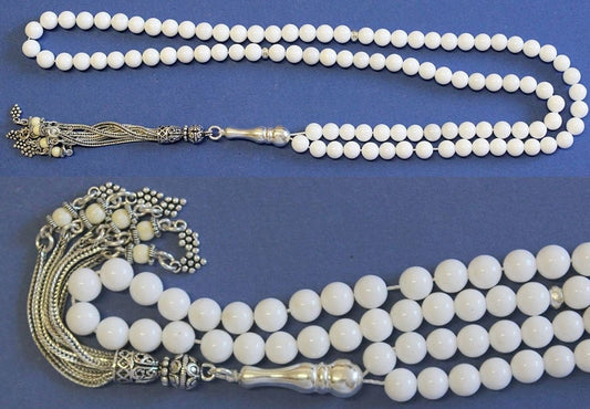 Islamic Prayer Beads Tesbih Gebetskette 99 White Coral & Sterling Silver