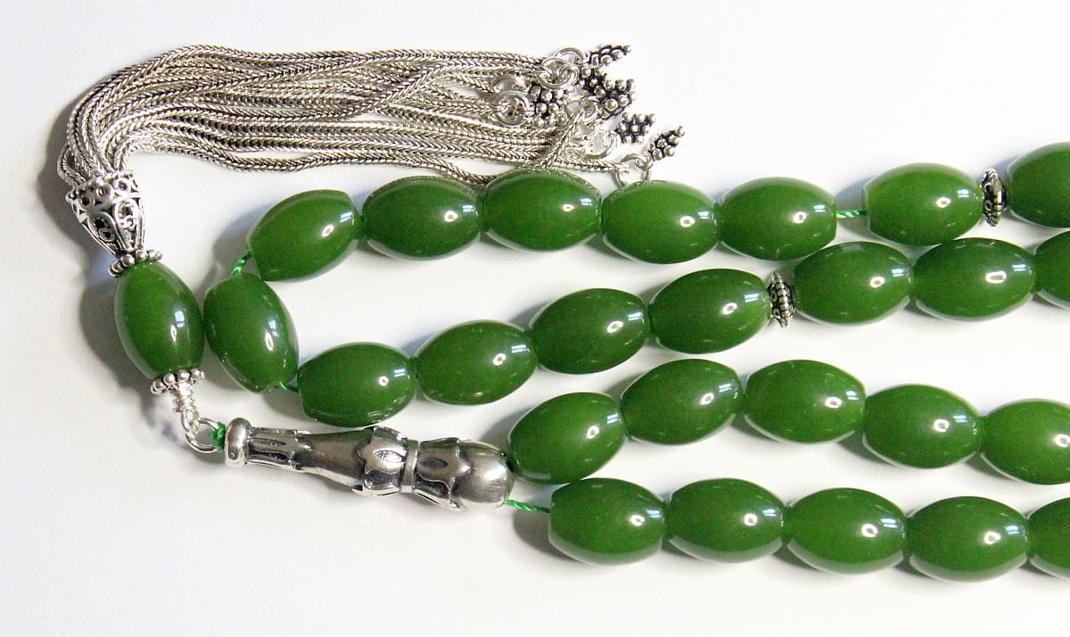 Luxury Prayer Worry Beads Tesbih Komboloi Genuine Oval Emeralds & Stering Silver - Top Quality - Collector's