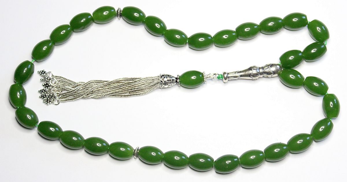 Luxury Prayer Worry Beads Tesbih Komboloi Genuine Oval Emeralds & Stering Silver - Top Quality - Collector's