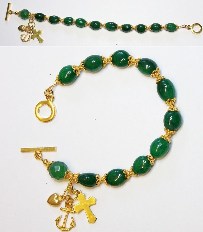 Catholic Rosary Bracelet Oval Genuine Emerald Beads, Vermeil Cross, Heart & Anchor