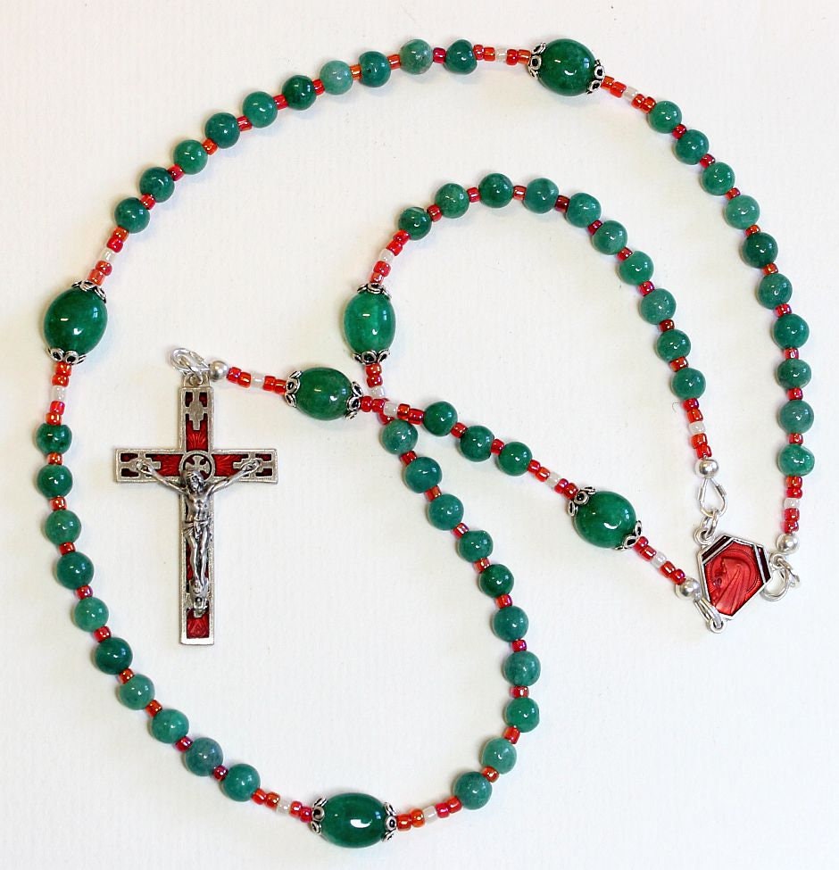 Catholic Rosary Genuine Round Aventurine - Lourdes Vintage Cross and Center