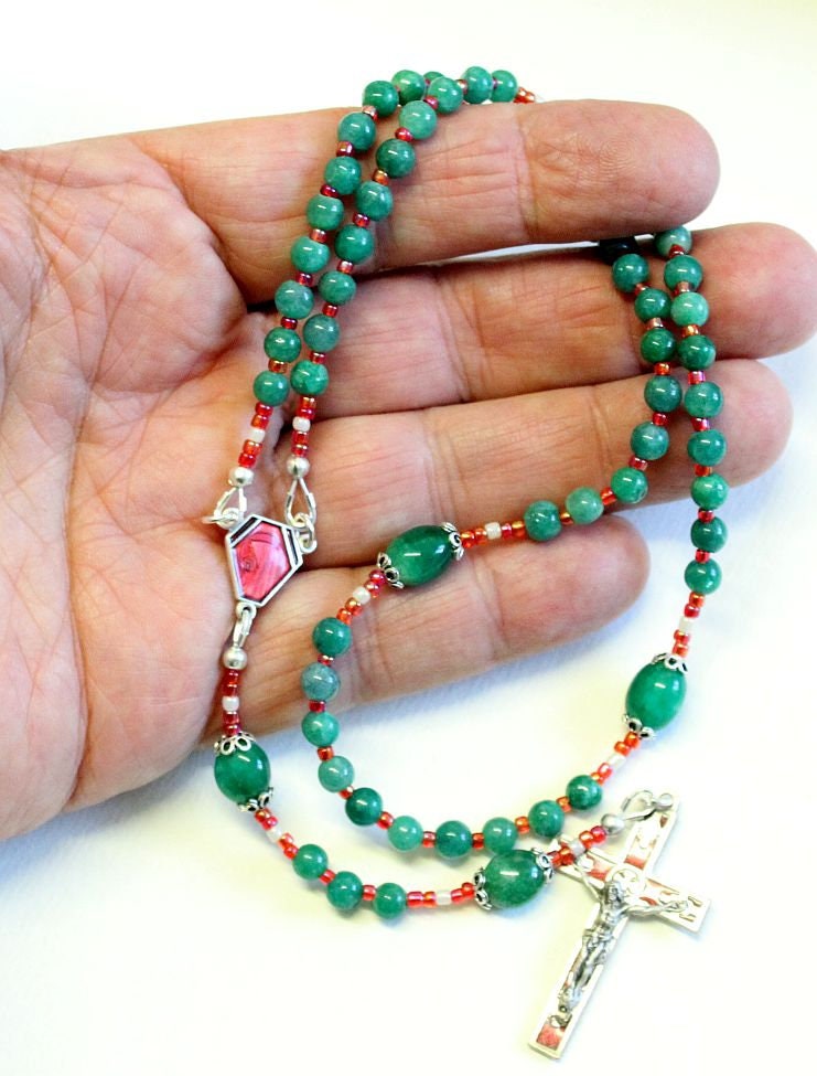 Catholic Rosary Genuine Round Aventurine - Lourdes Vintage Cross and Center