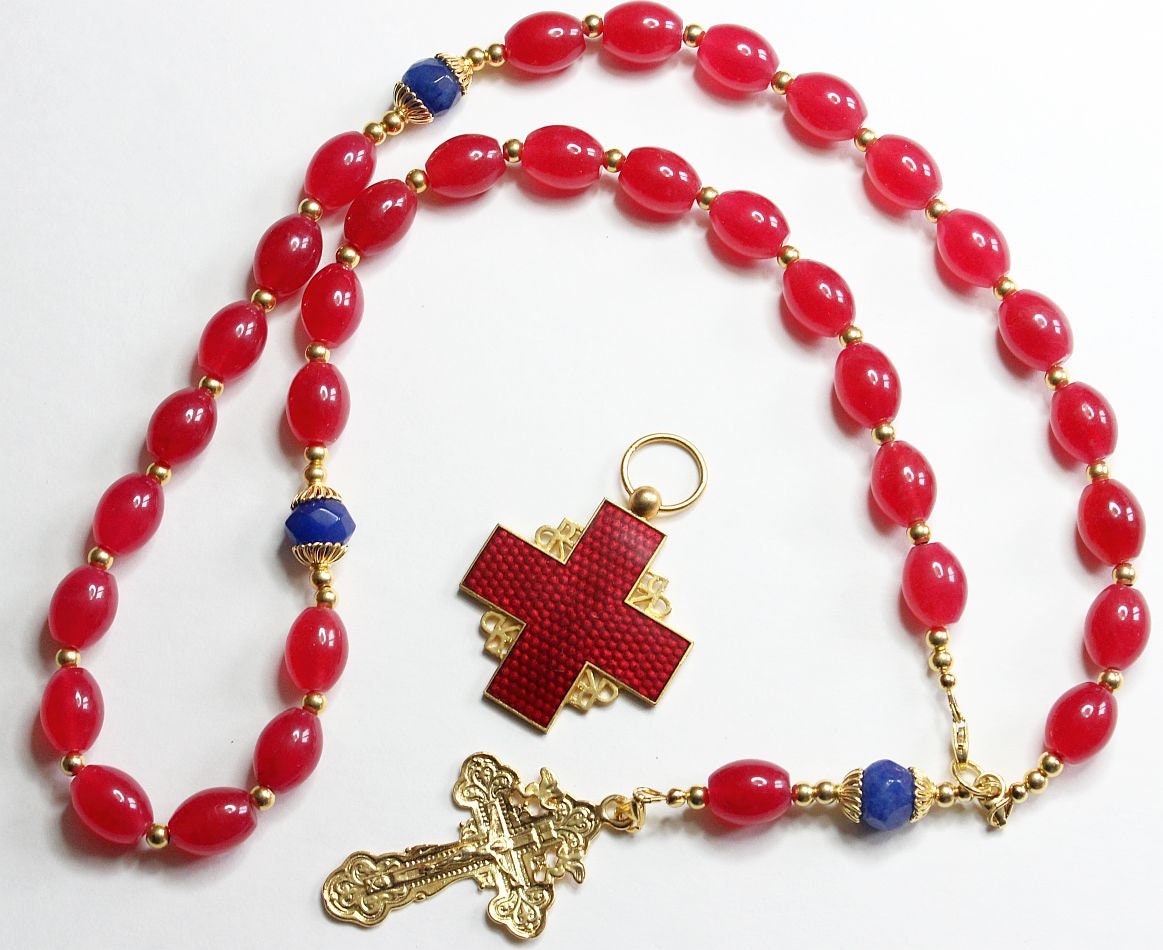 5 Way Wearable Beaded Chotki Komboskini ORTHODOX Rosary w Rubillite, Sapphires & 2 Crosses