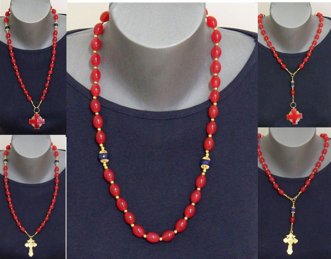 5 Way Wearable Beaded Chotki Komboskini ORTHODOX Rosary w Rubillite, Sapphires & 2 Crosses