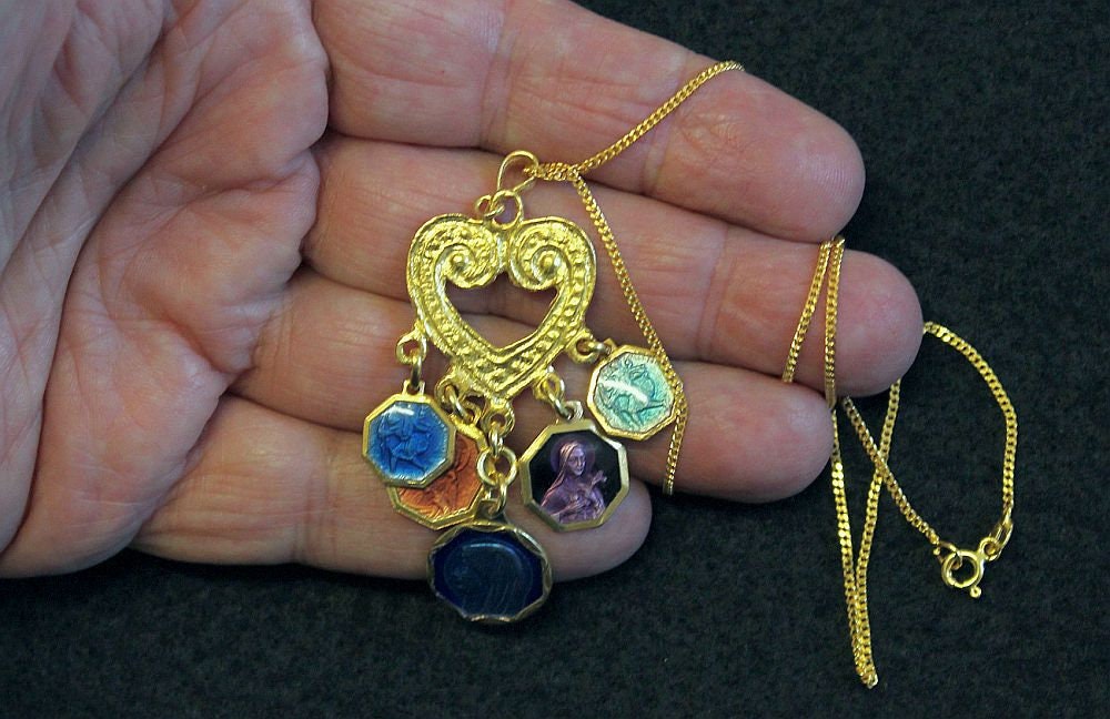 Vermeil Heart Pendant with 5 Vintage Rare Religious Medals Enameled on Both Sides