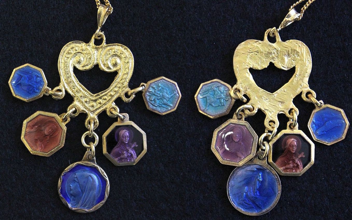 Vermeil Heart Pendant with 5 Vintage Rare Religious Medals Enameled on Both Sides