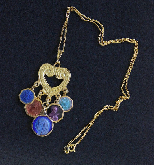 Vermeil Heart Pendant with 5 Vintage Rare Religious Medals Enameled on Both Sides