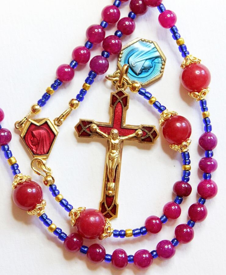 Catholic Rosary Genuine Round Ruby - Lourdes Vintage Cross, Center & Vintage Medal