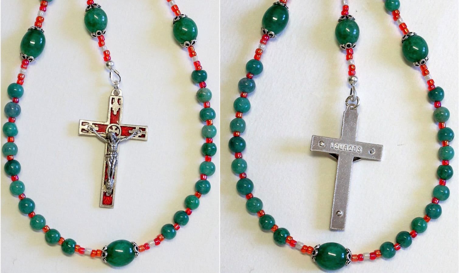 Catholic Rosary Genuine Round Aventurine - Lourdes Vintage Cross and Center