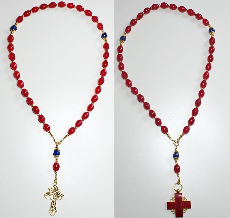 5 Way Wearable Beaded Chotki Komboskini ORTHODOX Rosary w Rubillite, Sapphires & 2 Crosses