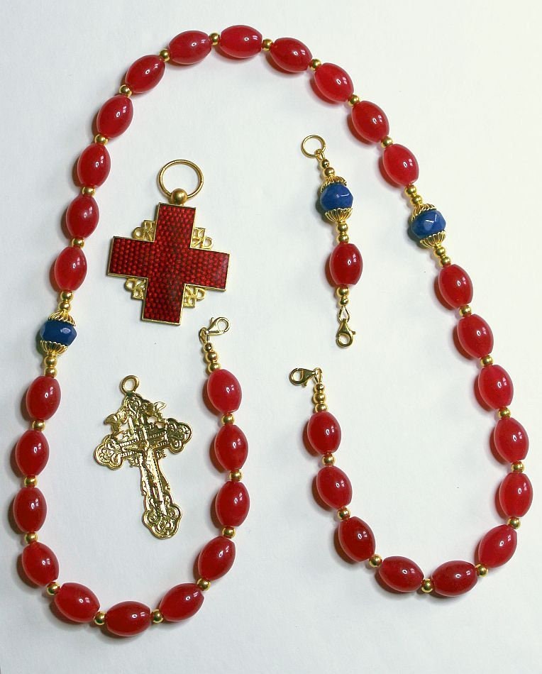 5 Way Wearable Beaded Chotki Komboskini ORTHODOX Rosary w Rubillite, Sapphires & 2 Crosses