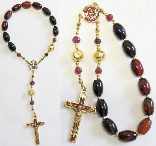 Catholic One Decade Rosary Chaplet - Black Agate, Ruby, Enamel and Vermeil