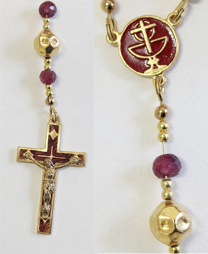 Catholic One Decade Rosary Chaplet - Black Agate, Ruby, Enamel and Vermeil