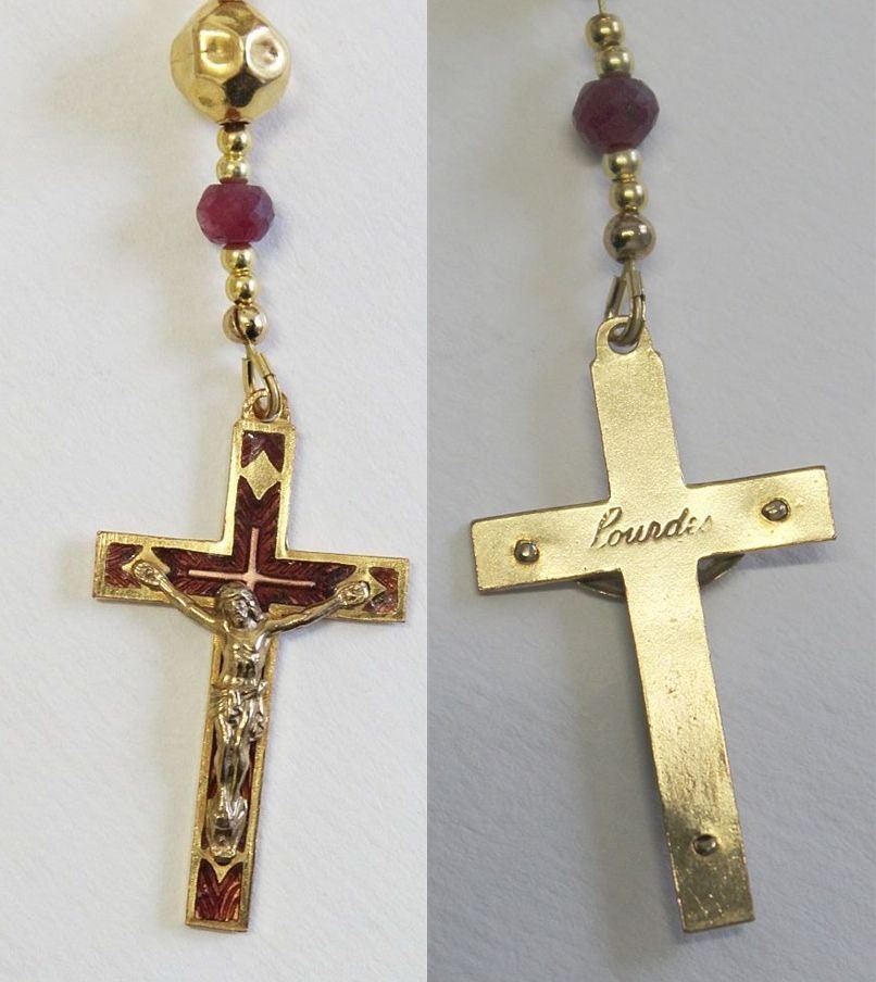 Catholic One Decade Rosary Chaplet - Black Agate, Ruby, Enamel and Vermeil