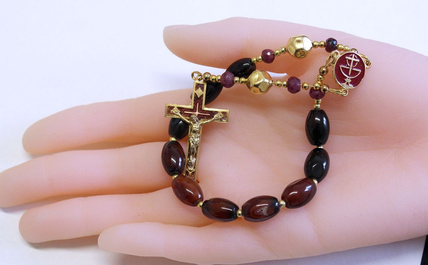 Catholic One Decade Rosary Chaplet - Black Agate, Ruby, Enamel and Vermeil
