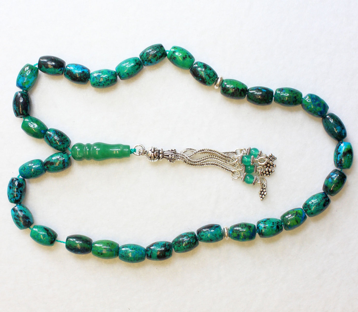 Prayer Beads Tesbih Gebetskette OVAL CHRISOCOLLA & Sterling Silver