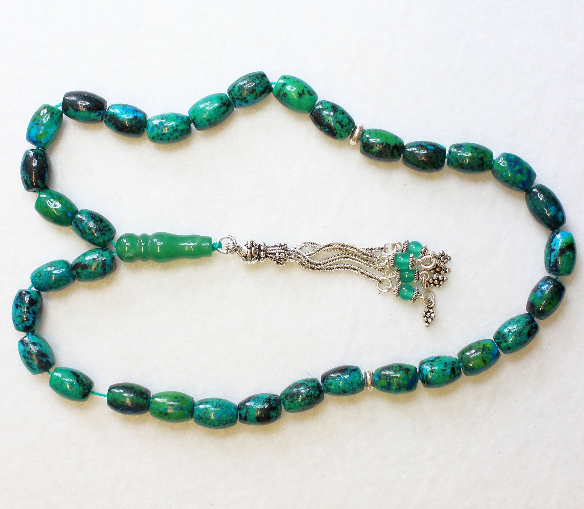 Prayer Beads Tesbih Gebetskette OVAL CHRISOCOLLA & Sterling Silver