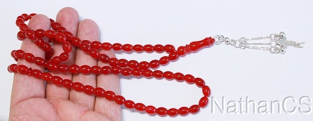Islamic Prayer Beads Tesbih Gebestkette 99 Beads Natural Red Jade & Sterling Silver